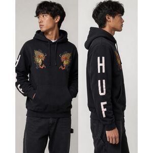 HUF Dragon Embroidered Hoodie Men's S Black Heavyweight Skate Streetwear Logo